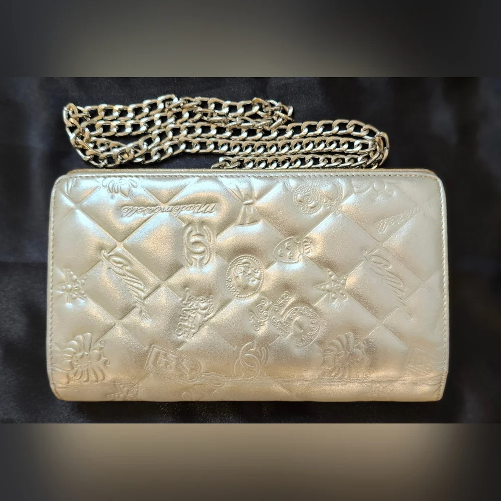 Chanel Silver Bifold Embossed Wallet with Silver Chain